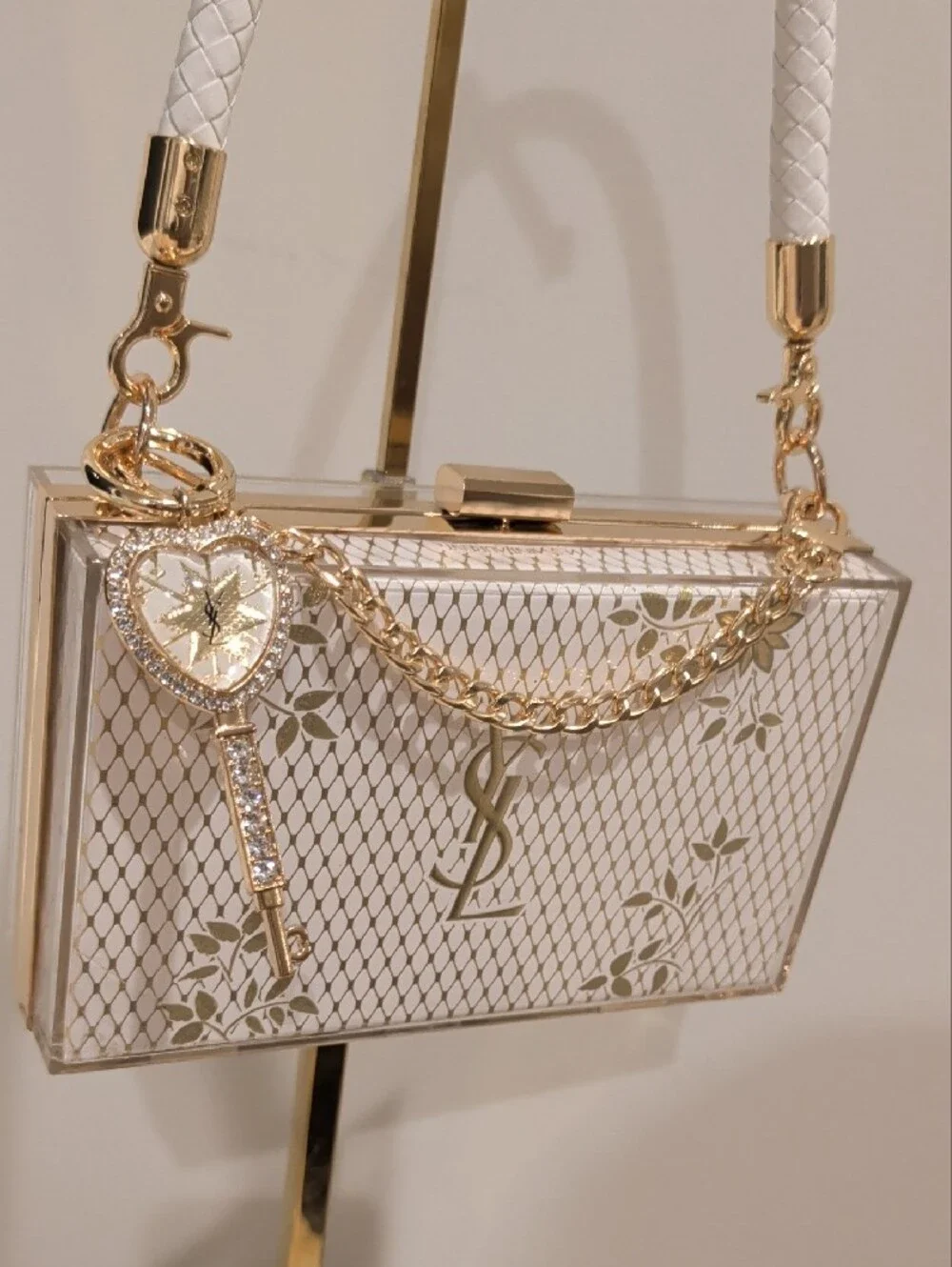 Saint Laurent White and Gold Box Clutch with Chain Charm